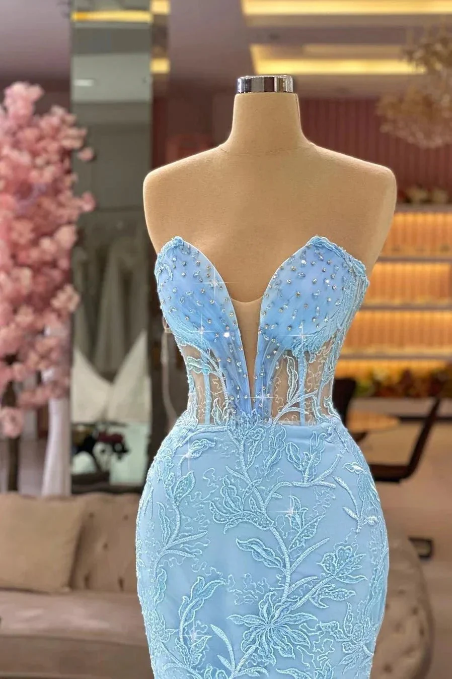 Designer Sky Blue V-neck Sleeveless Mermaid Prom Dress With Lace - Image 2