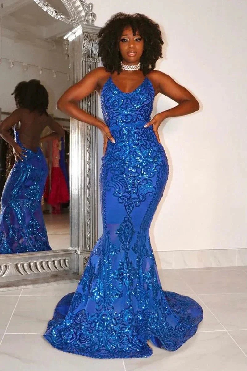 Designer Spaghetti Straps Long Mermaid Lace Sleeveless Prom Dress - Image 3