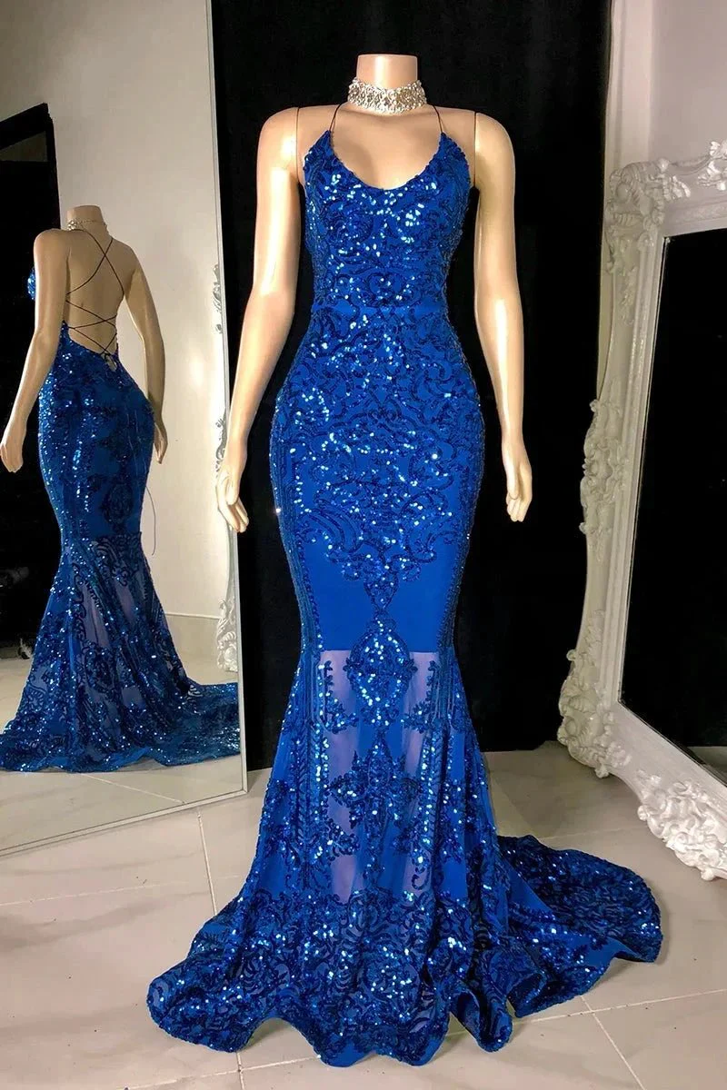 Designer Spaghetti Straps Long Mermaid Lace Sleeveless Prom Dress - Image 4