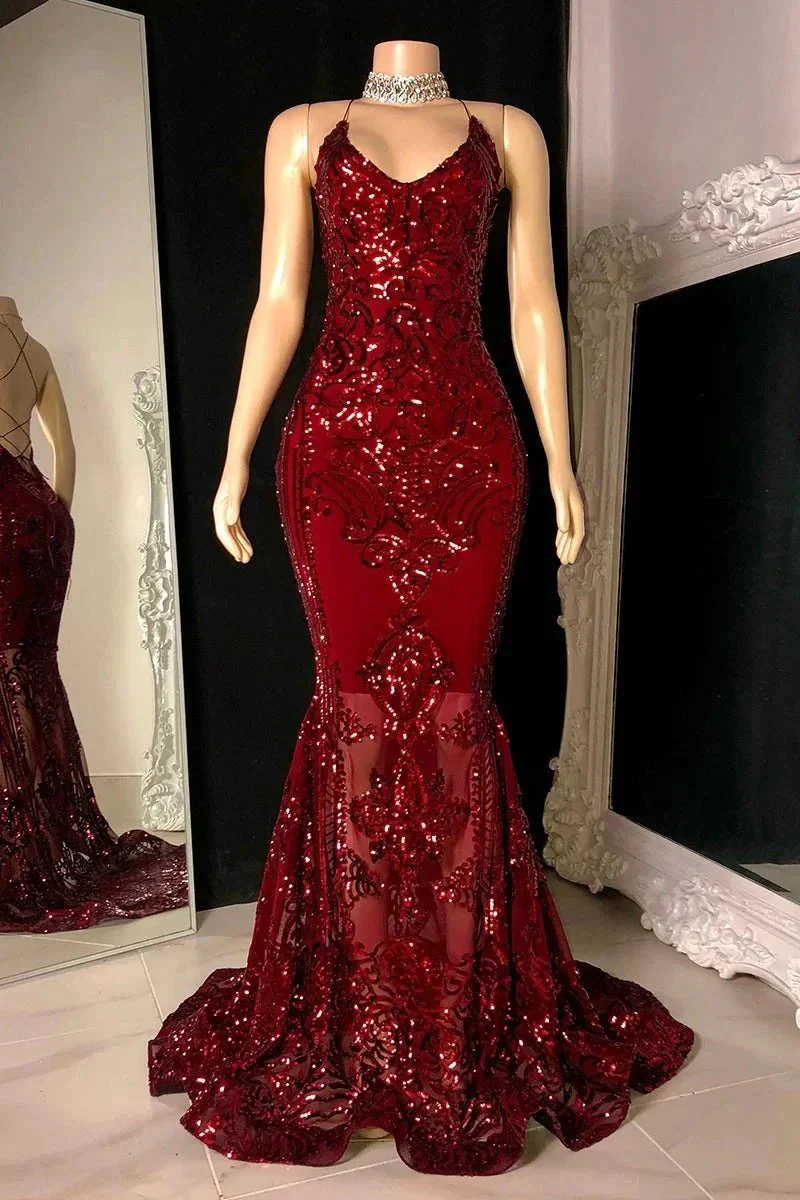Designer Spaghetti Straps Long Mermaid Lace Sleeveless Prom Dress - Image 5