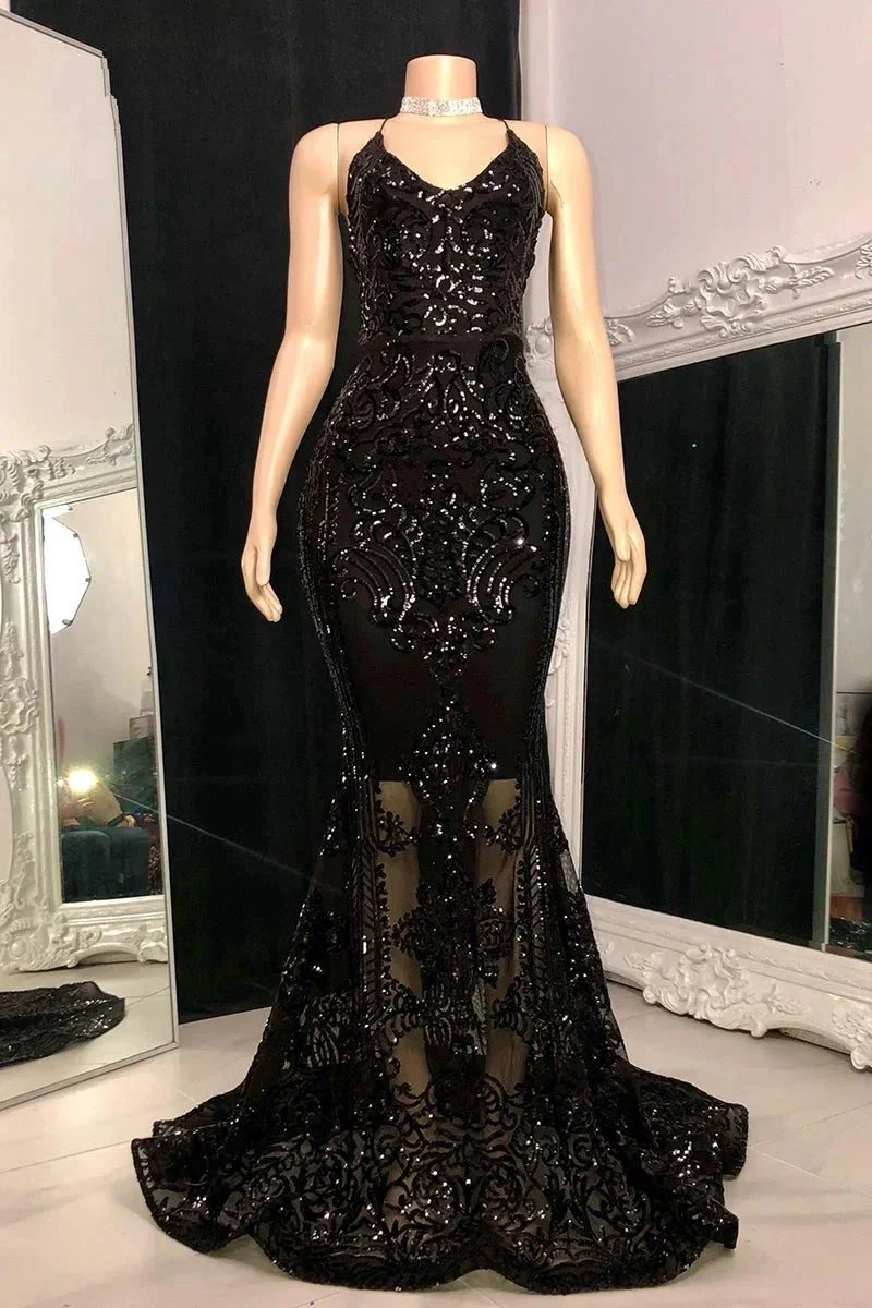 Designer Spaghetti Straps Long Mermaid Lace Sleeveless Prom Dress - Image 6