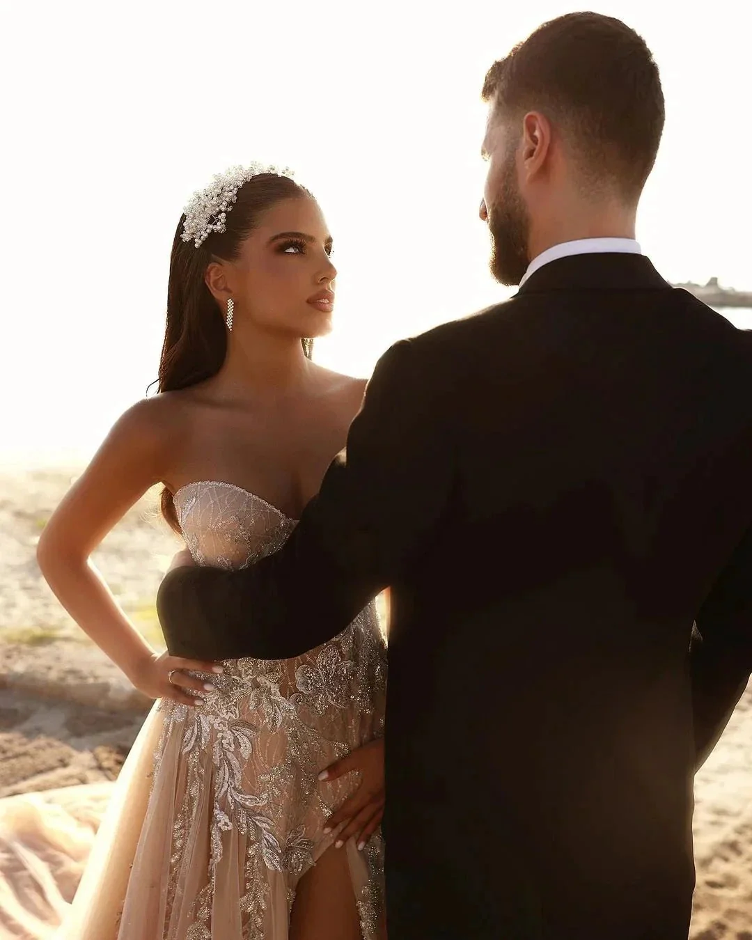 Designer Sweetheart Long A-line Glitter Lace Wedding Dress With Slit - Image 10