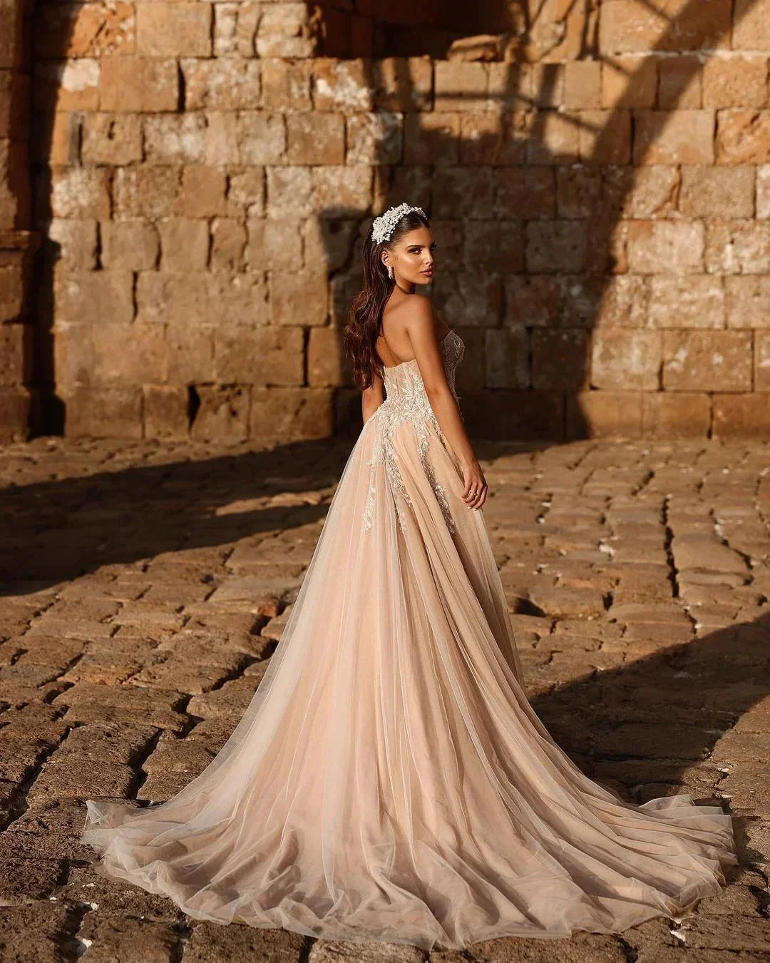 Designer Sweetheart Long A-line Glitter Lace Wedding Dress With Slit - Image 2