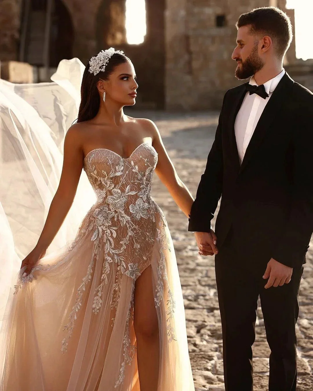Designer Sweetheart Long A-line Glitter Lace Wedding Dress With Slit - Image 3