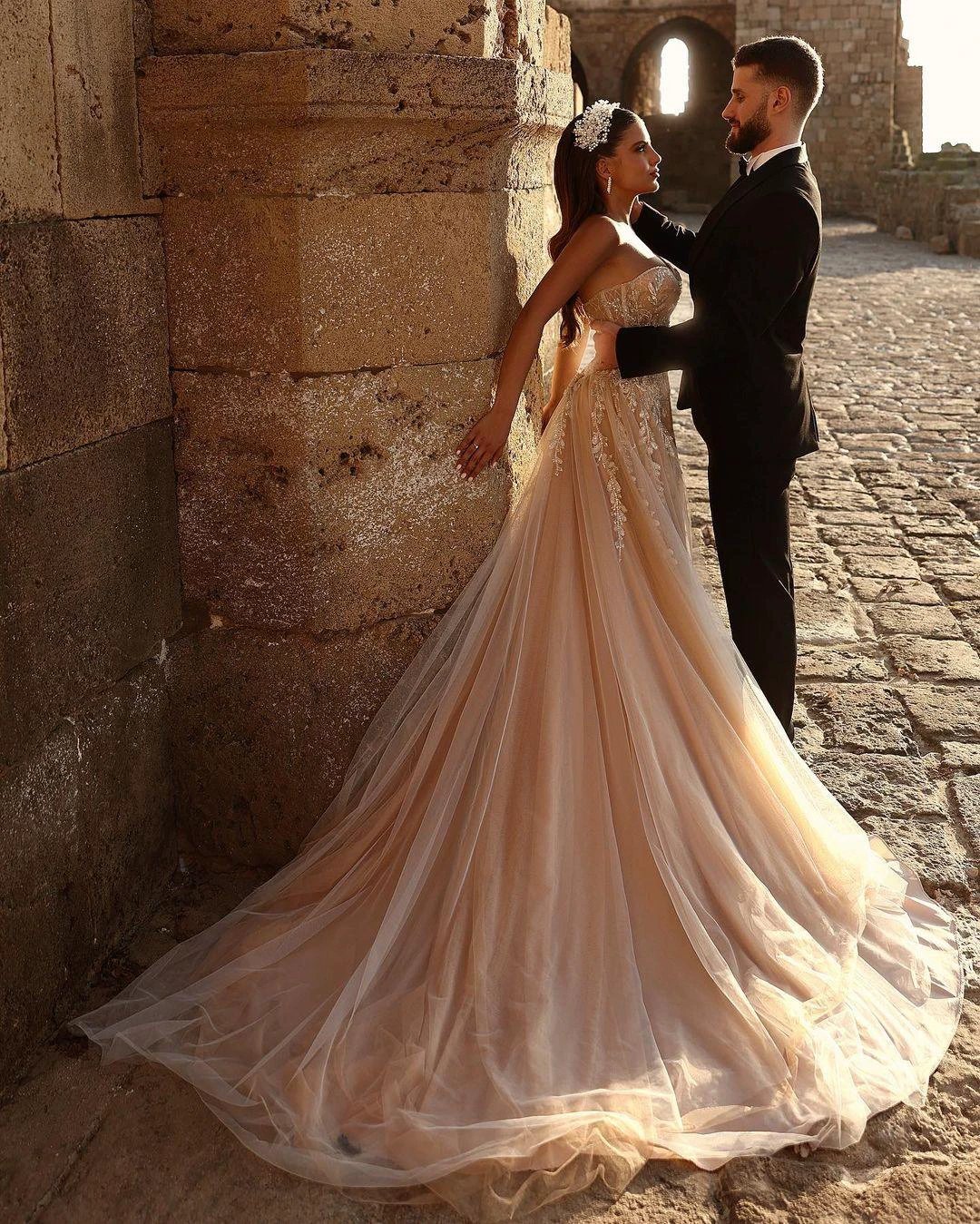 Designer Sweetheart Long A-line Glitter Lace Wedding Dress With Slit - Image 4
