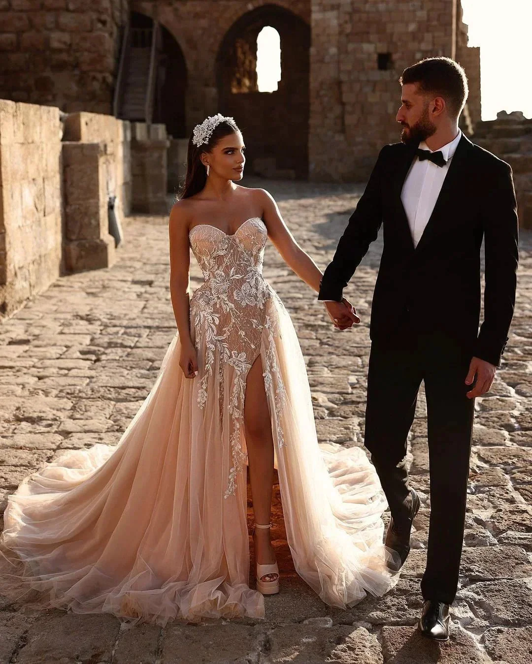 Designer Sweetheart Long A-line Glitter Lace Wedding Dress With Slit - Image 5
