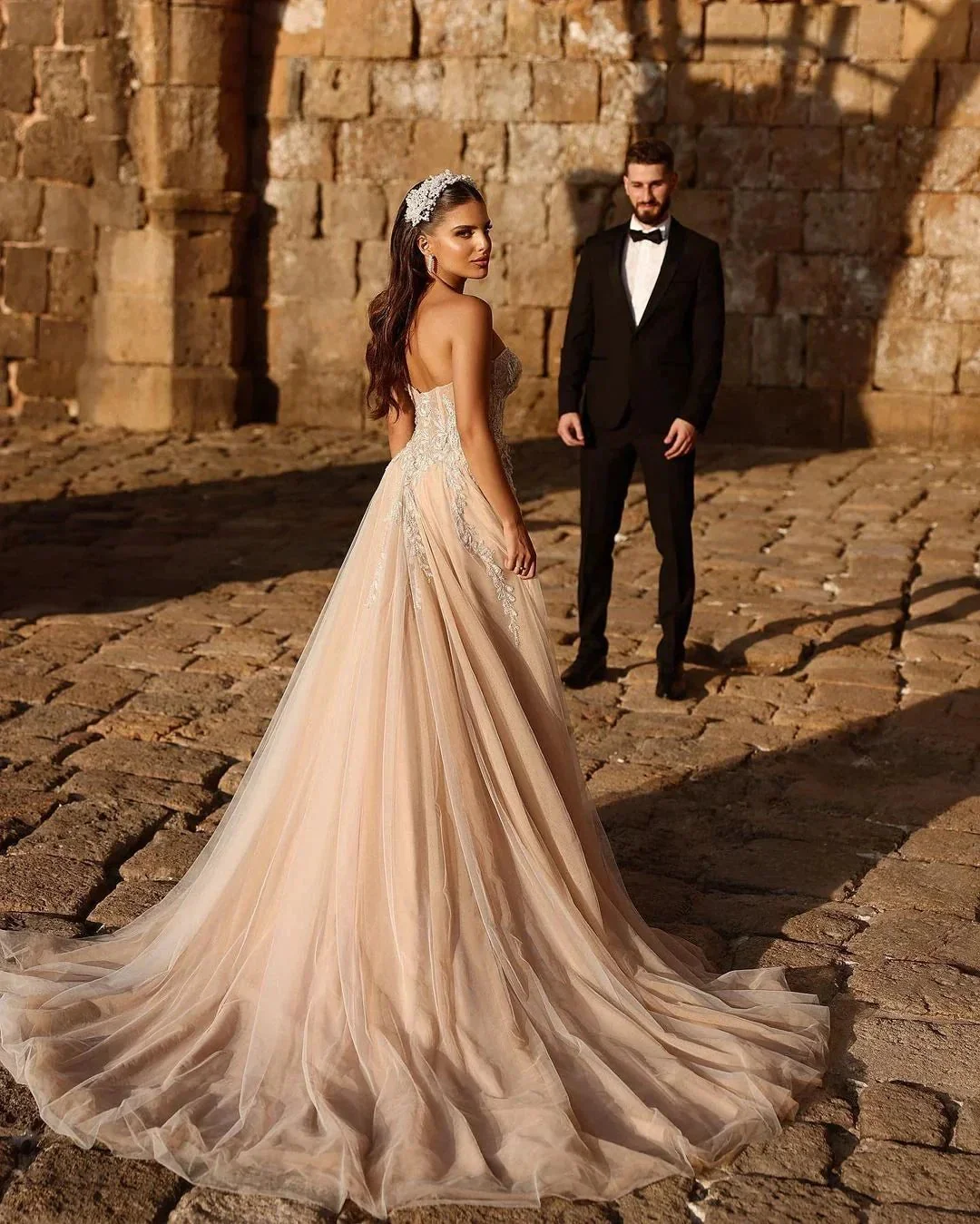 Designer Sweetheart Long A-line Glitter Lace Wedding Dress With Slit - Image 6