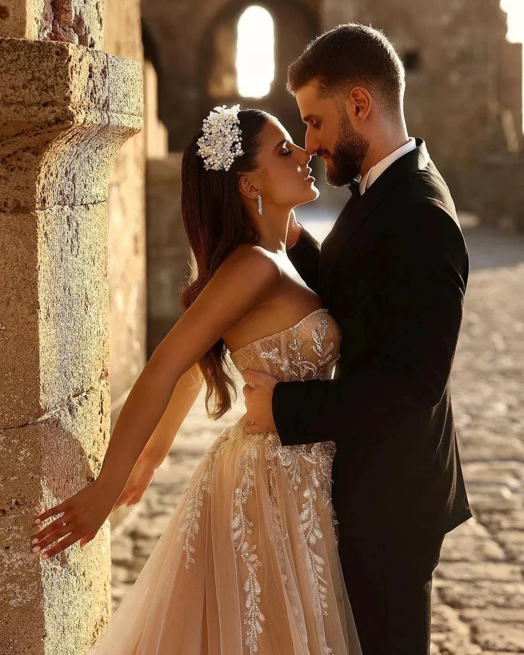 Designer Sweetheart Long A-line Glitter Lace Wedding Dress With Slit - Image 7