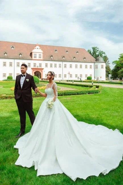 Designer Sweetheart Long White Satin Lace Wedding Dresses With Long Sleeves - Image 2