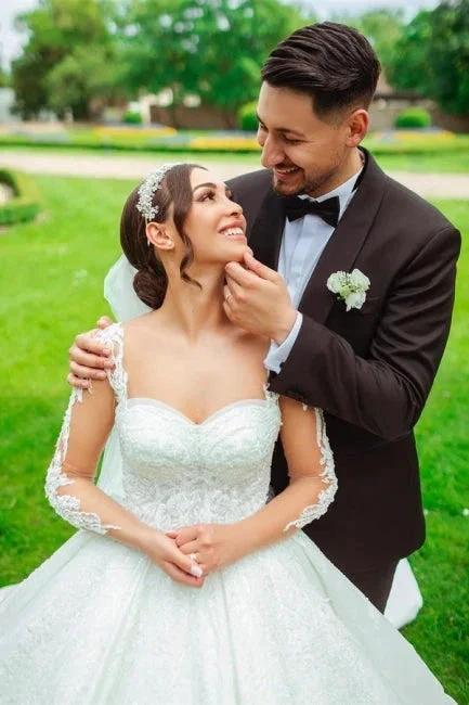 Designer Sweetheart Long White Satin Lace Wedding Dresses With Long Sleeves - Image 3
