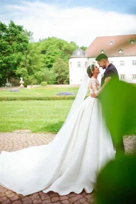 Designer Sweetheart Long White Satin Lace Wedding Dresses With Long Sleeves - Image 4