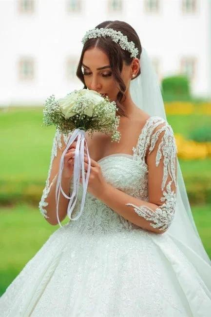 Designer Sweetheart Long White Satin Lace Wedding Dresses With Long Sleeves - Image 5