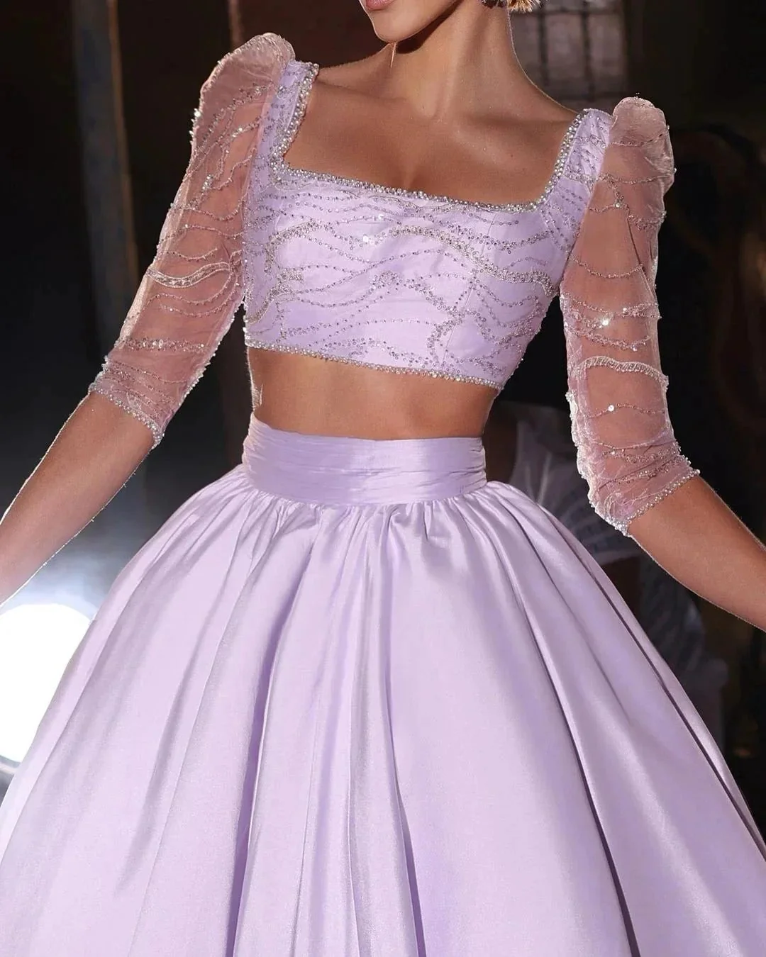 Designer Two Pieces A-line 3/4-Length Sleeves Beading Prom Dress - Image 2