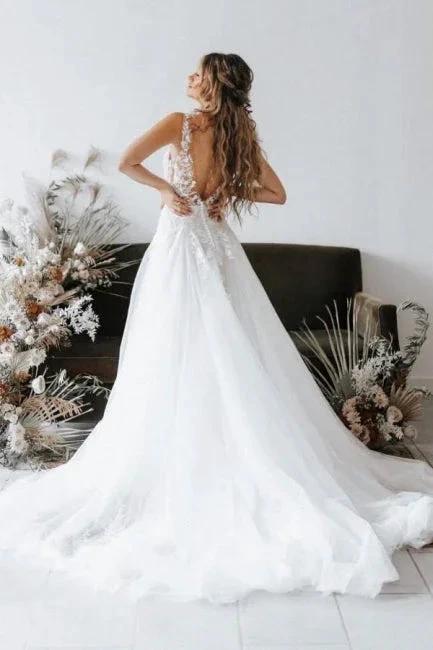 Designer V-neck Boho A-Line Backless Wedding Dresses With Lace - Image 2