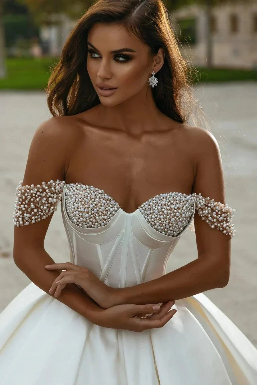 Designer White A-line Off-the-shoulder Wedding Dress With Pearls - Image 2