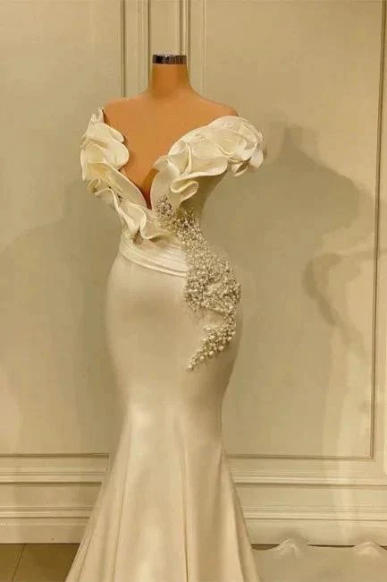 Designer White Long Pearl Ruffle Evening Dresses - Image 2
