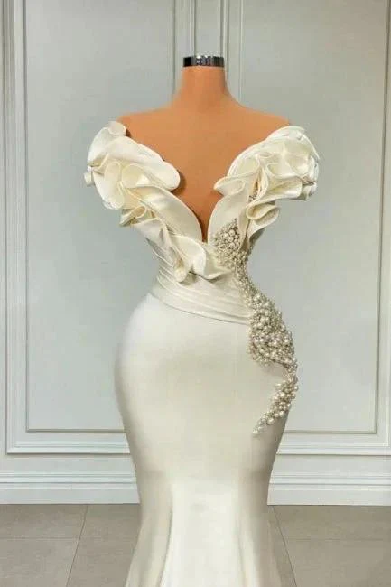Designer White Long Pearl Ruffle Evening Dresses - Image 3