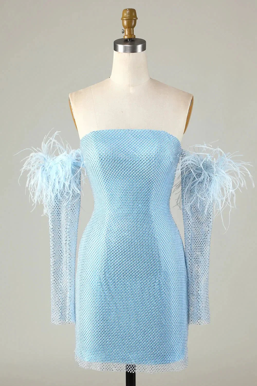Blue Tight Beaded Short Homecoming Dress With Detachable Sleeves - Image 3