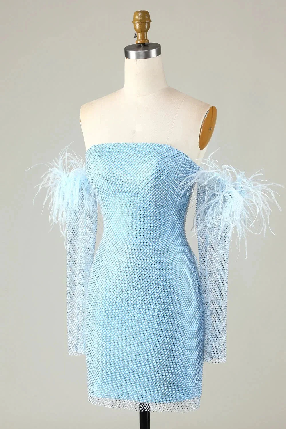 Blue Tight Beaded Short Homecoming Dress With Detachable Sleeves - Image 5