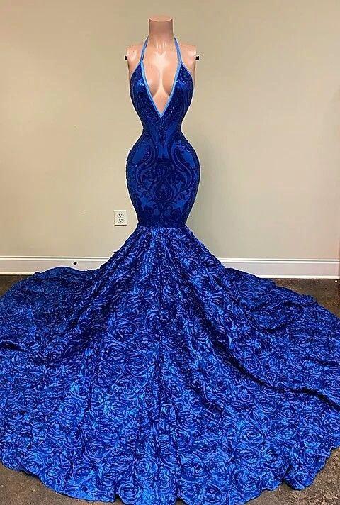 Dignified Blue Halter V-neck Sequins Split Front Sleeveless Floor-length Mermaid Prom Dresses - Image 2