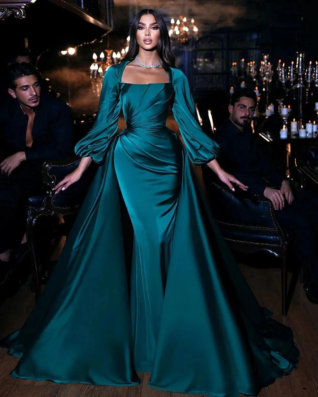 Dignified Green Square Neckline Long Sleeve Column Floor-length Wedding Dresses with Train - Image 2
