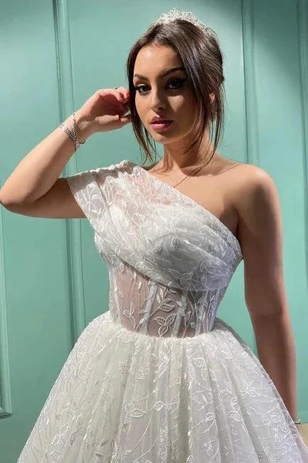 Dignified Transparent Lace One Shoulder Long Ball Gown Wedding Dresses - Image 3