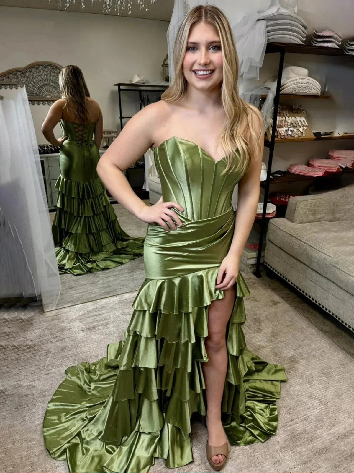 Diya | Mermaid Strapless Satin Ruffle Long Prom Dress With Split - Image 6