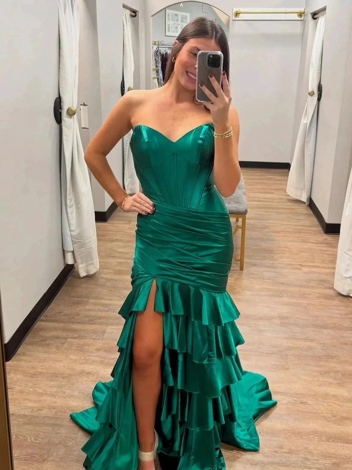 Diya | Mermaid Strapless Satin Ruffle Long Prom Dress With Split - Image 7
