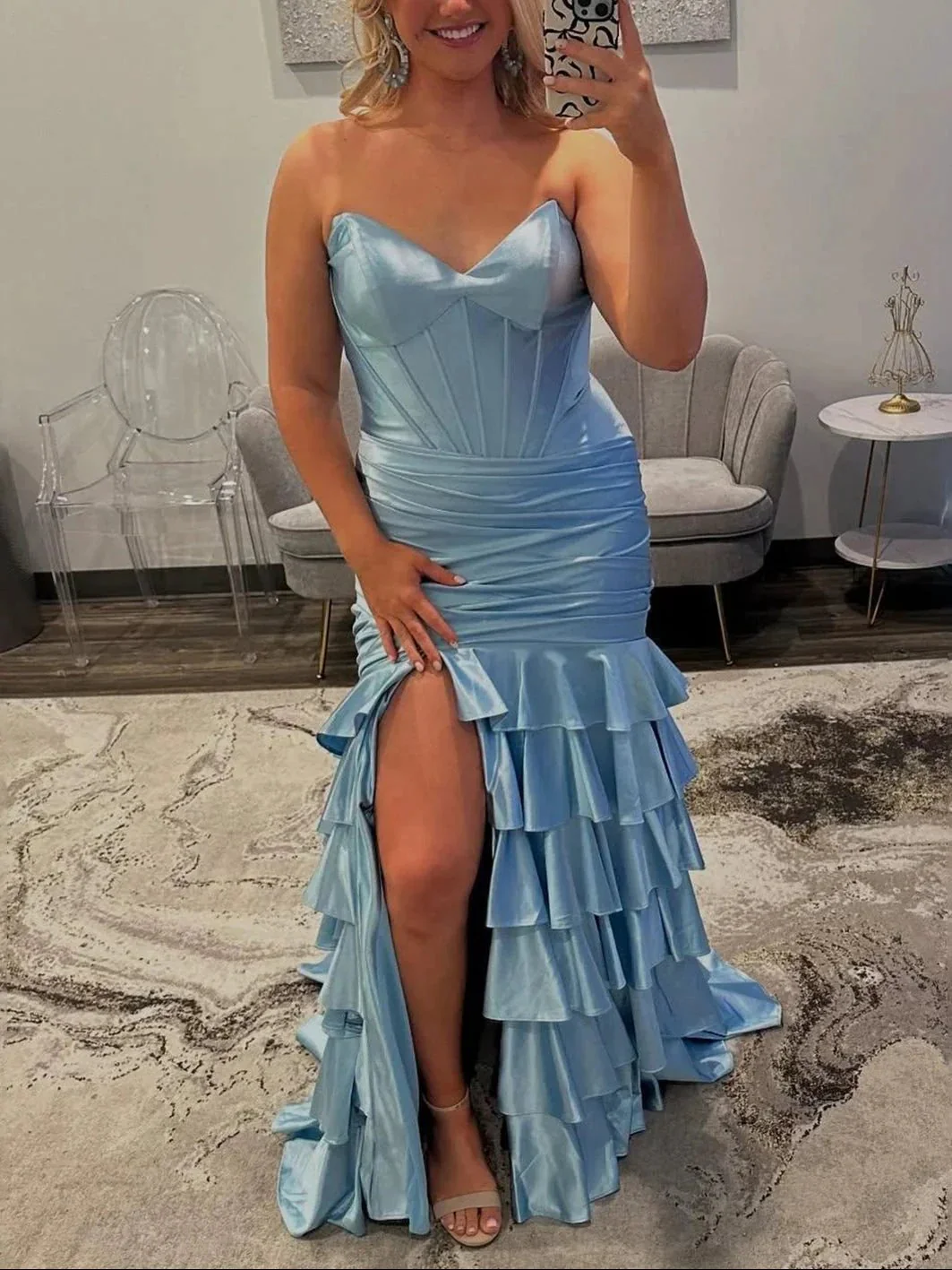 Diya | Mermaid Strapless Satin Ruffle Long Prom Dress With Split - Image 8