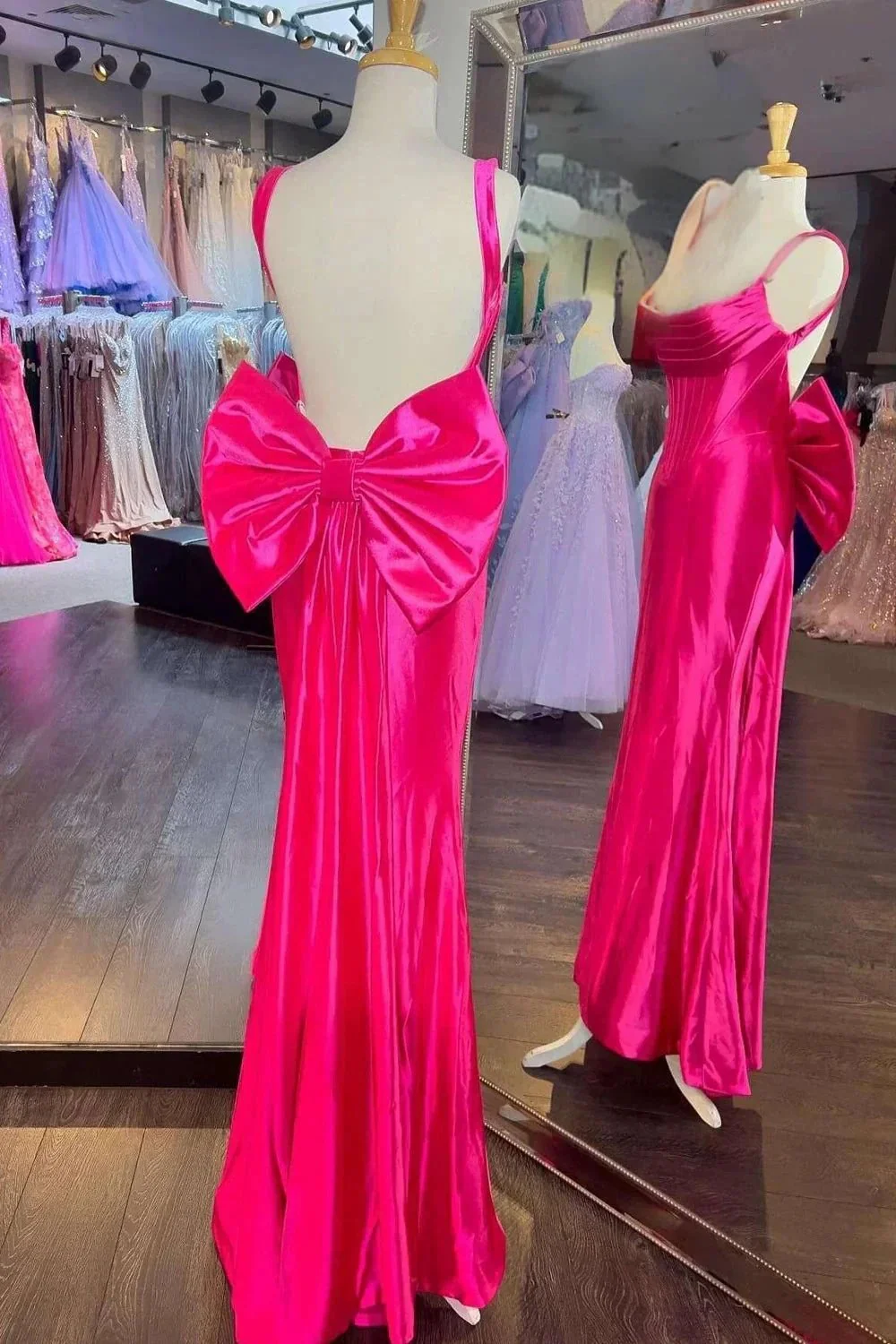 Dolores | Fuchsia Straps Satin Mermaid Formal Gown with Bow - Image 2