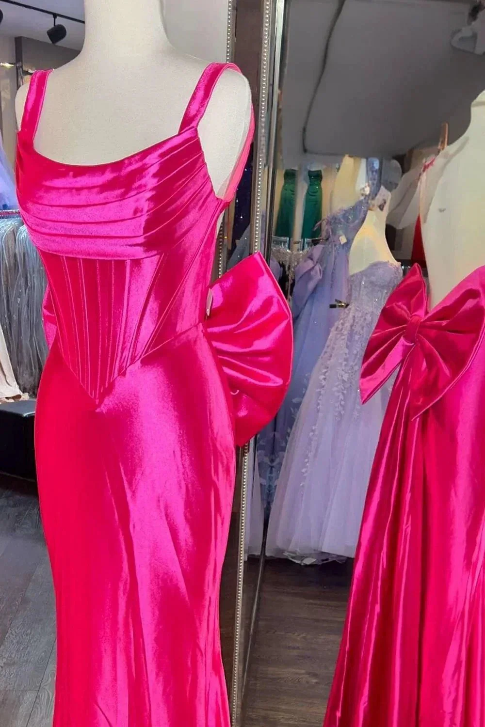 Dolores | Fuchsia Straps Satin Mermaid Formal Gown with Bow - Image 3
