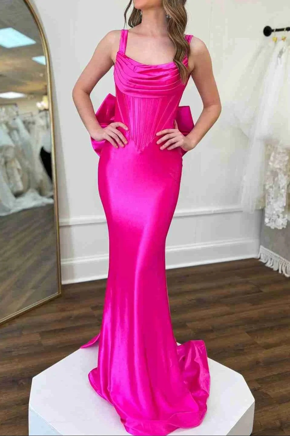 Dolores | Fuchsia Straps Satin Mermaid Formal Gown with Bow - Image 4