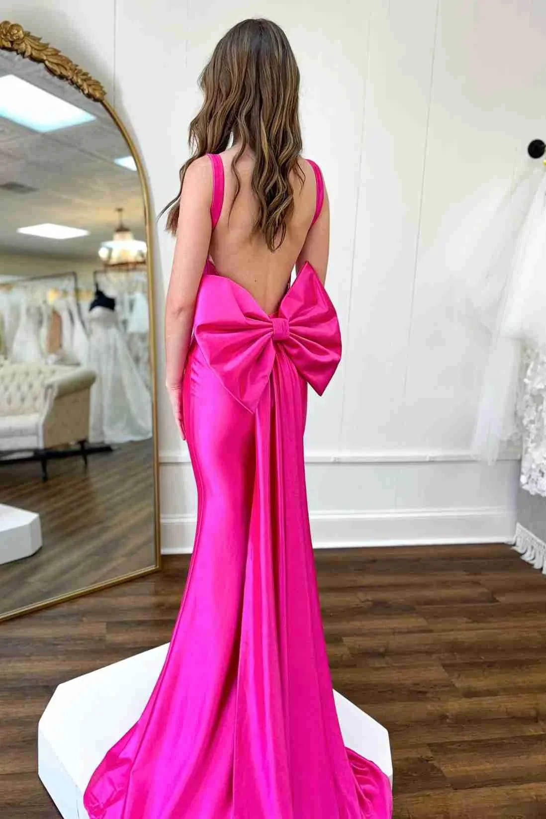Dolores | Fuchsia Straps Satin Mermaid Formal Gown with Bow - Image 5