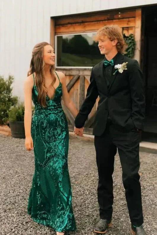 Dominic | Charming Mermaid V Neck Green Sequins Lace Long Prom Dress with Lace-up