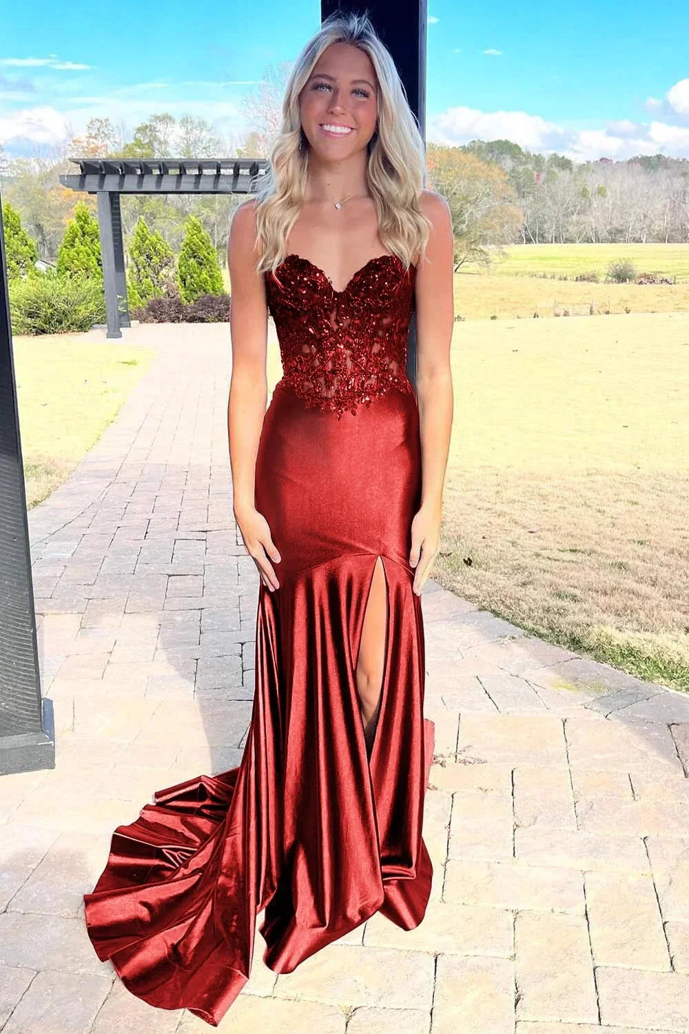 Donya | Mermaid Sweetheart Lace Satin Black Prom Dress with Slit - Image 6