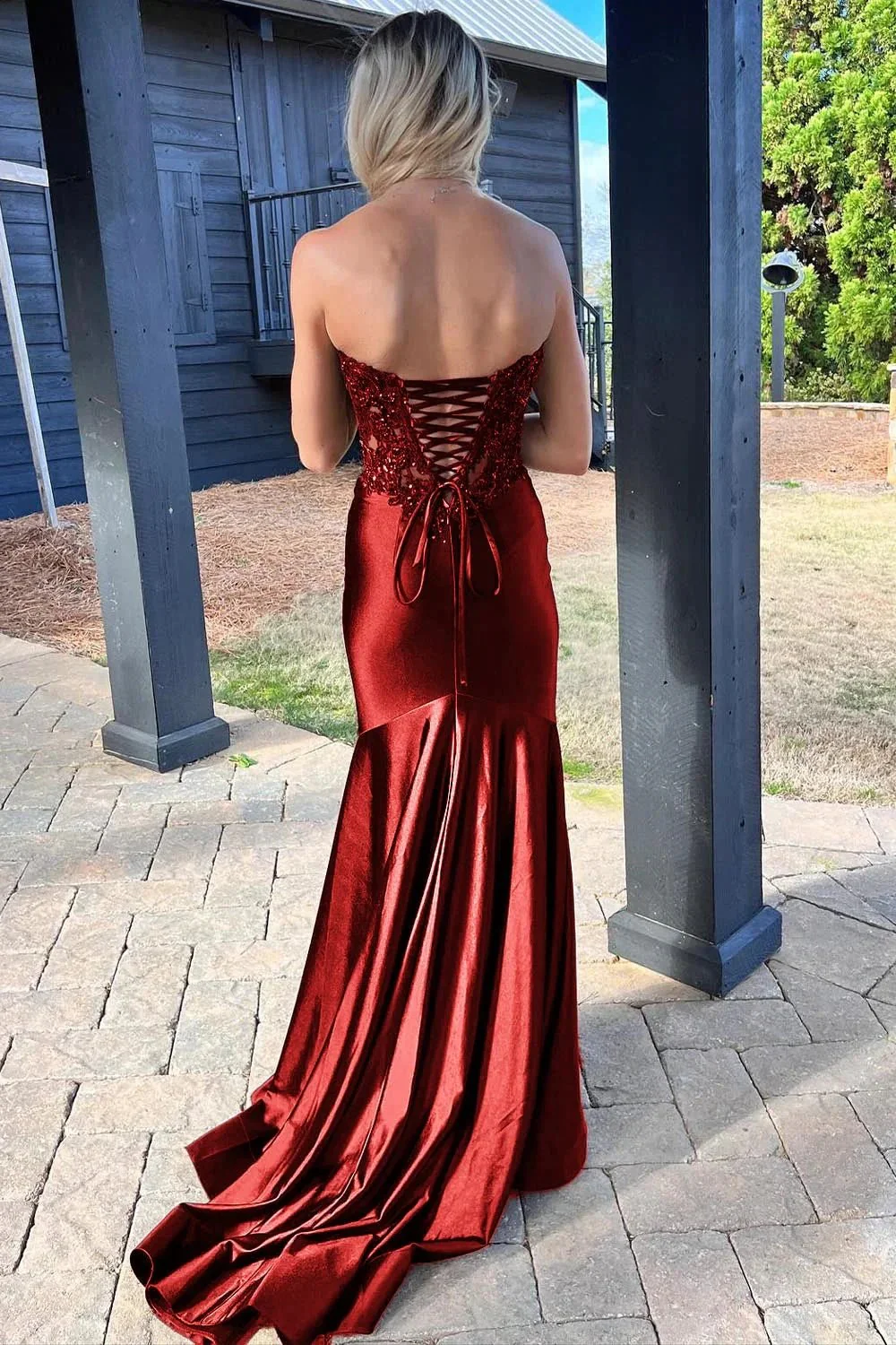 Donya | Mermaid Sweetheart Lace Satin Black Prom Dress with Slit - Image 7