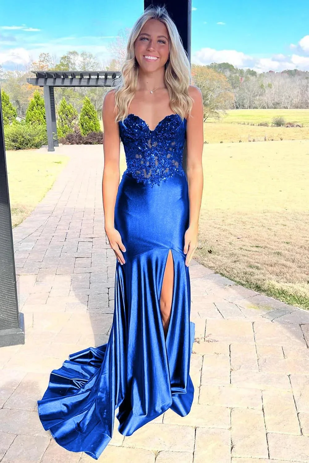 Donya | Mermaid Sweetheart Lace Satin Black Prom Dress with Slit - Image 8