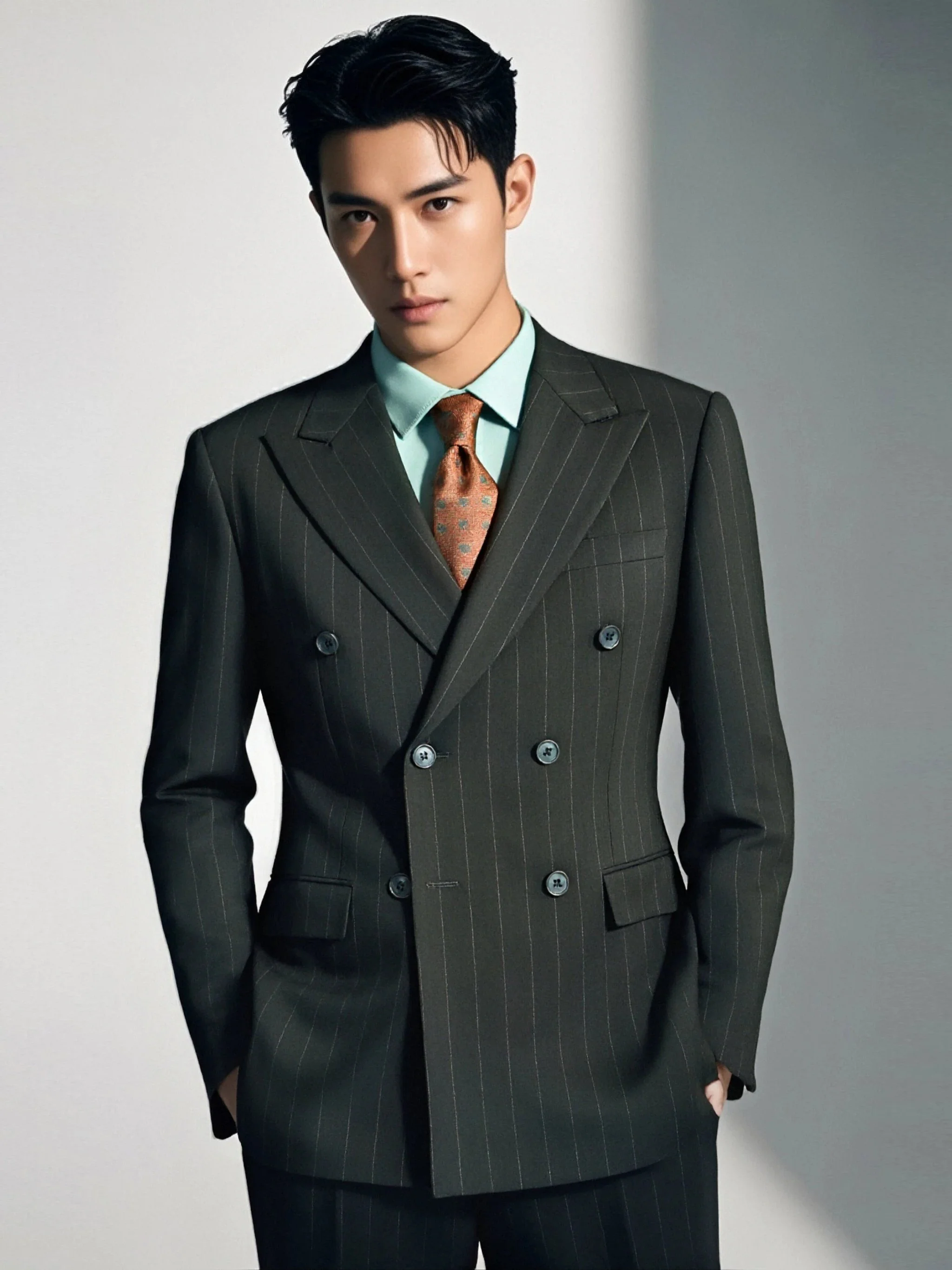 Charcoal Pinstripe Double Breasted Wool Suit for Formal Groom - Image 4