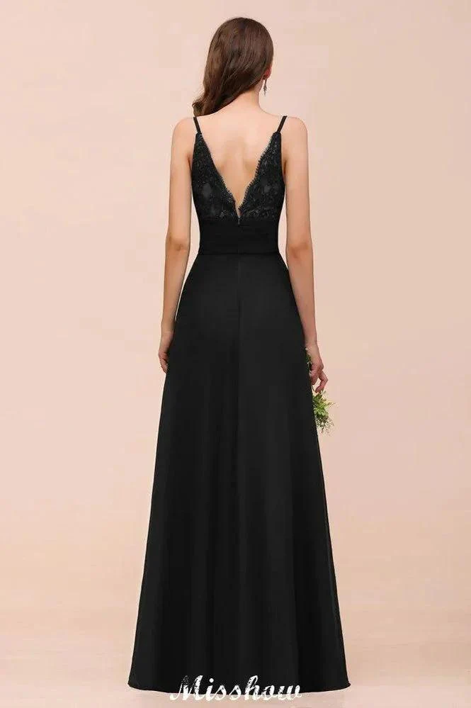 Double V-Neck Front Split Bridesmaid Dress Formal Party Dress for Wedding Black - Image 2