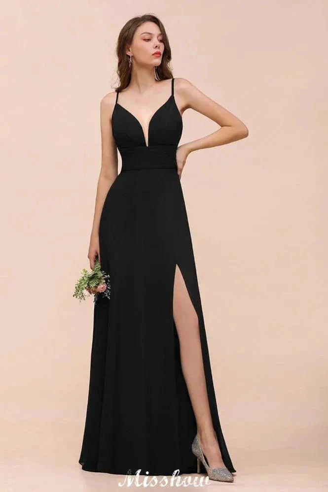 Double V-Neck Front Split Bridesmaid Dress Formal Party Dress for Wedding Black - Image 3