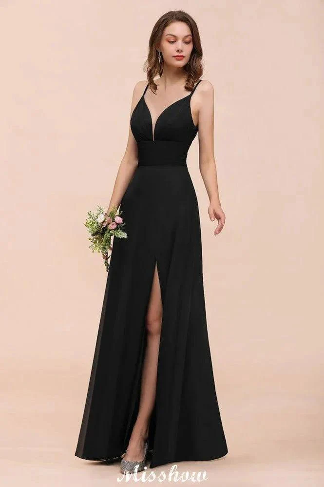 Double V-Neck Front Split Bridesmaid Dress Formal Party Dress for Wedding Black - Image 4