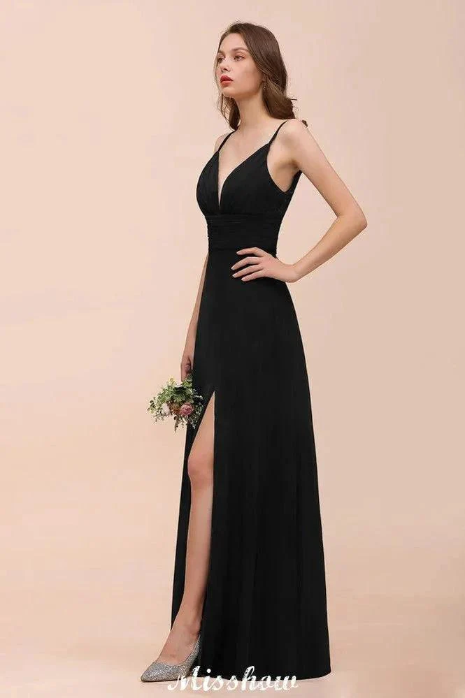 Double V-Neck Front Split Bridesmaid Dress Formal Party Dress for Wedding Black - Image 5