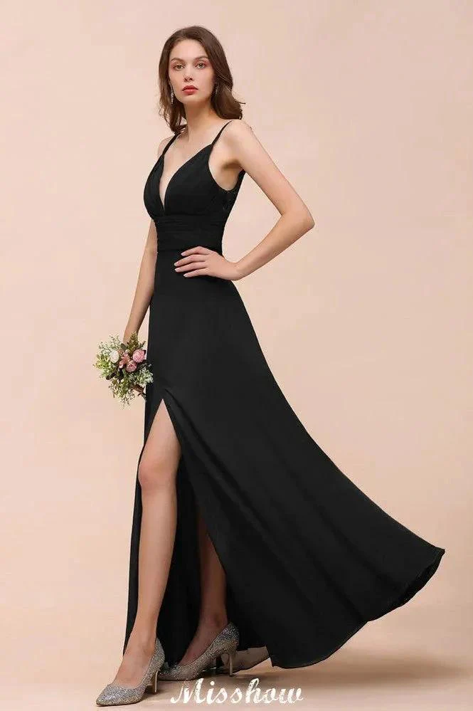 Double V-Neck Front Split Bridesmaid Dress Formal Party Dress for Wedding Black - Image 6