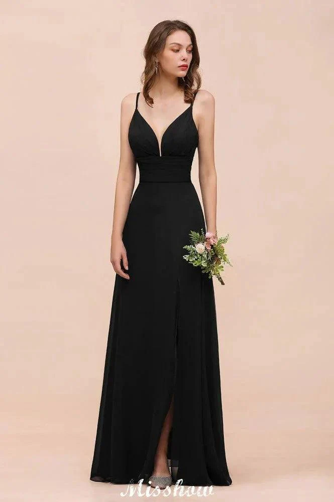 Double V-Neck Front Split Bridesmaid Dress Formal Party Dress for Wedding Black - Image 8