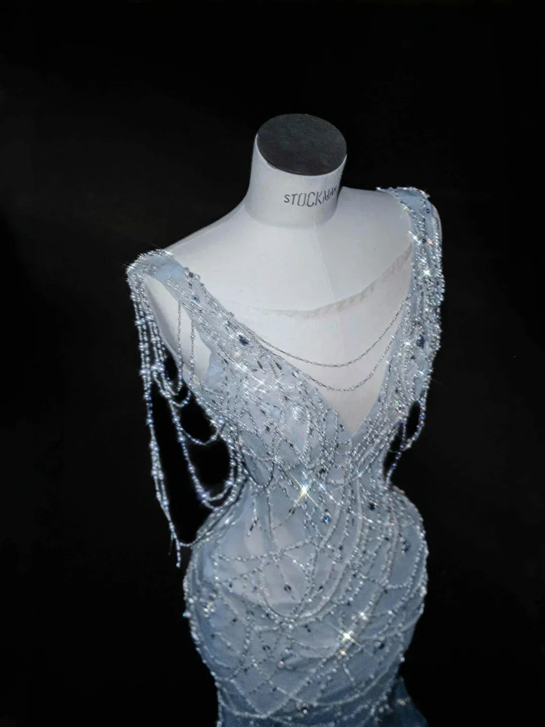 Dream Blue Tulle Beaded Chain V Neck Long Mermaid Prom Dress Evening Dress Y8665 - Image 2