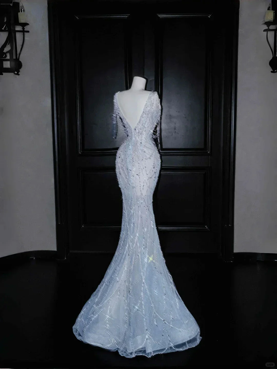 Dream Blue Tulle Beaded Chain V Neck Long Mermaid Prom Dress Evening Dress Y8665 - Image 4