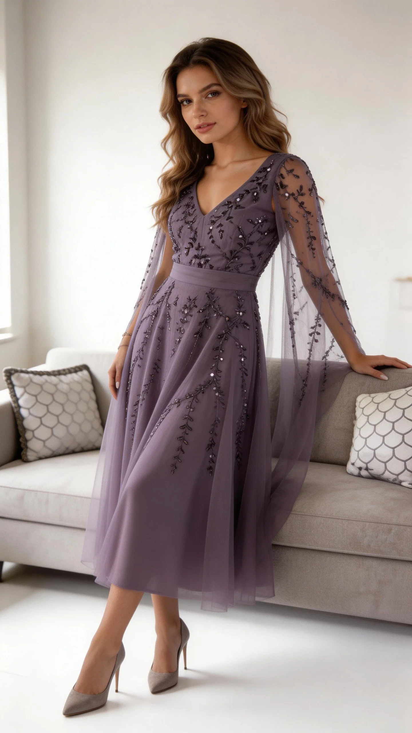 Dream Evening Dress Elegant Purple Tulle Evening Dresses V-Neck Long Sleeve Dresses Y5028 - Image 4