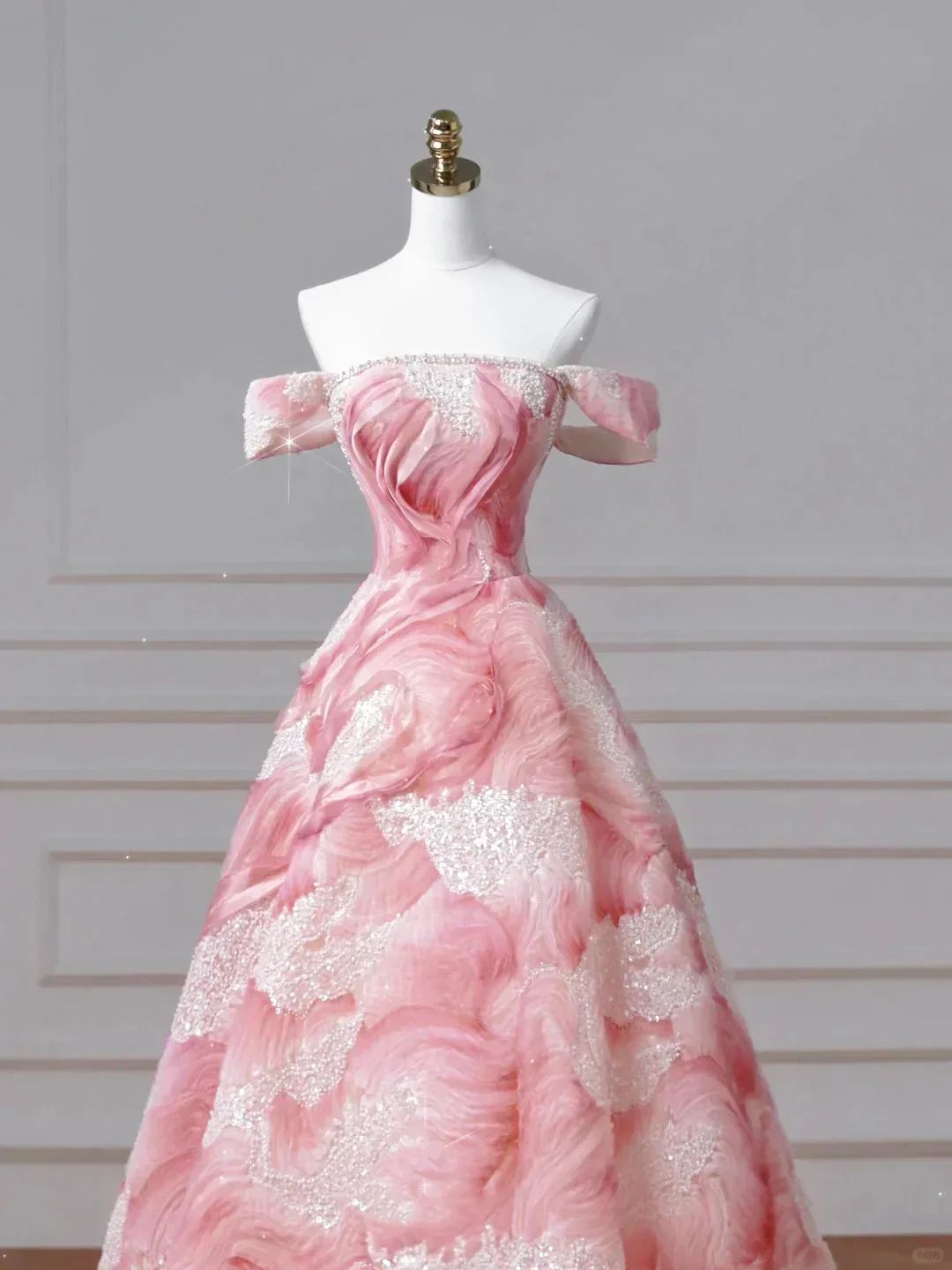Dream Pink Strapless Satin Print Sequins Prom Dress Princess Birthday Ball Gown Y8604 - Image 2