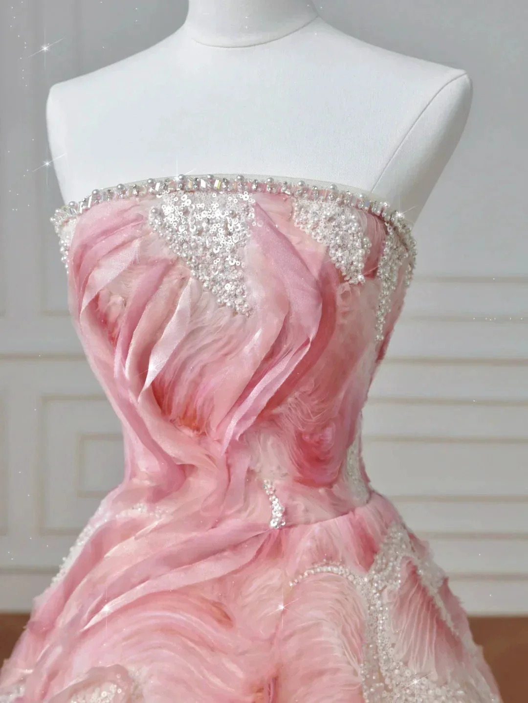 Dream Pink Strapless Satin Print Sequins Prom Dress Princess Birthday Ball Gown Y8604 - Image 3