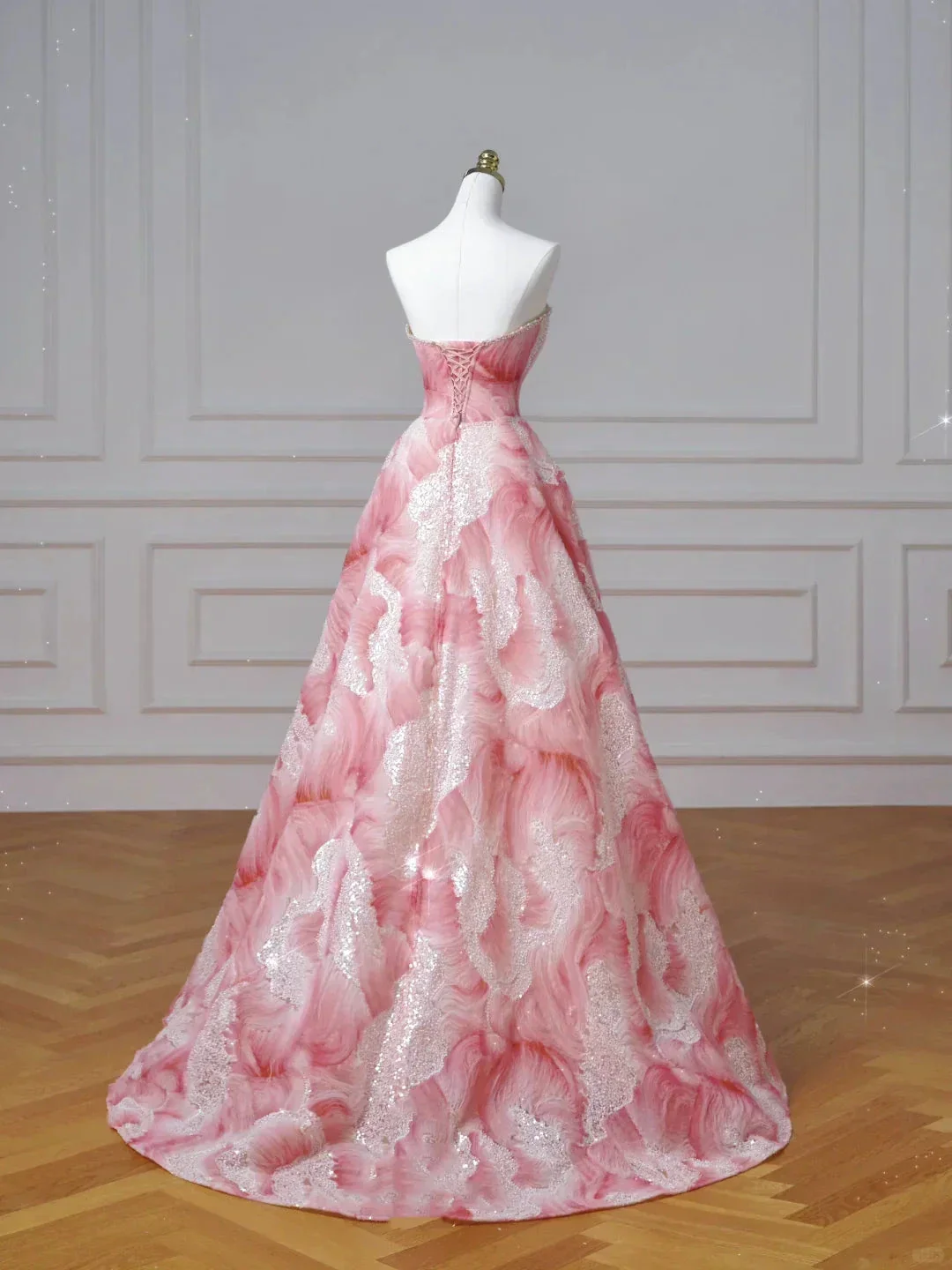 Dream Pink Strapless Satin Print Sequins Prom Dress Princess Birthday Ball Gown Y8604 - Image 5
